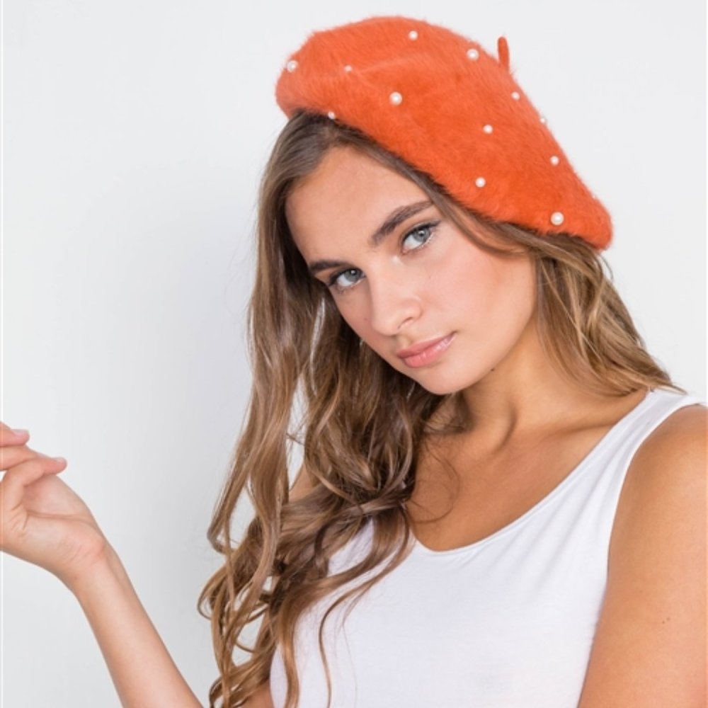 PUMPKIN SPICE Pearl Detailed fuzzy Beret -… - Picture 3 of 4